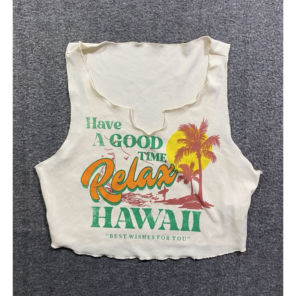 Relax Hawaii Ribbed Graphic Cropped Tank Top Notch Neck Sleeveless Size OXL